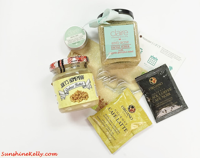 CubeCrate, Monthly Mysterious Box, Organo Gourmet Coffee, Nooks, KFIT, Joey's Homemade Cashew Butter, Beyond Beauty, Claire, Surprise