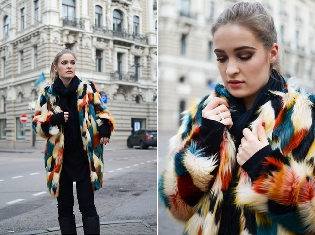 http://lookbook.nu/alksne H&M 2015 Winter Colorful Faux Fur Coat Street Snap