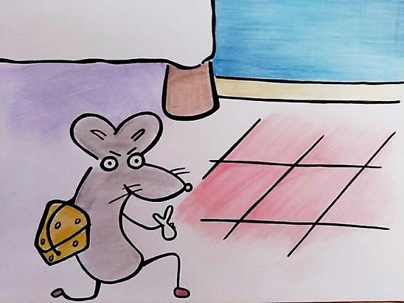 dibujo en el que aparece al Ratoncito Pérez huyendo de un dormitorio con el queso y el diente