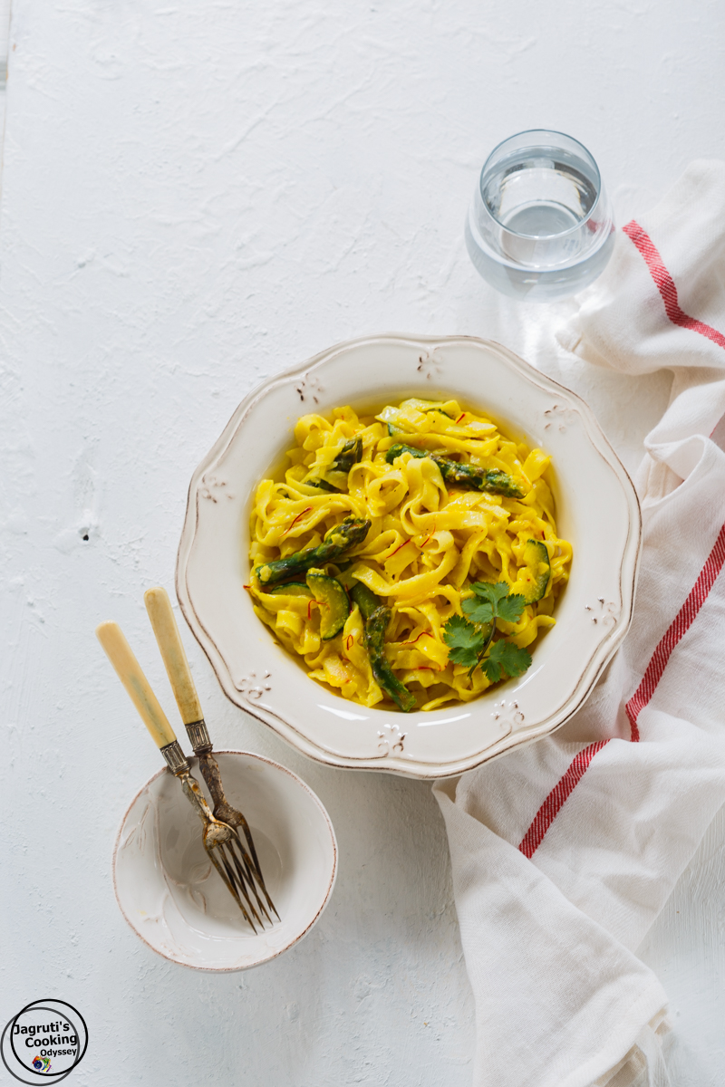 Veagan Saffron and British Asparagus Pasta-Jagruti's Cooking Odyssey