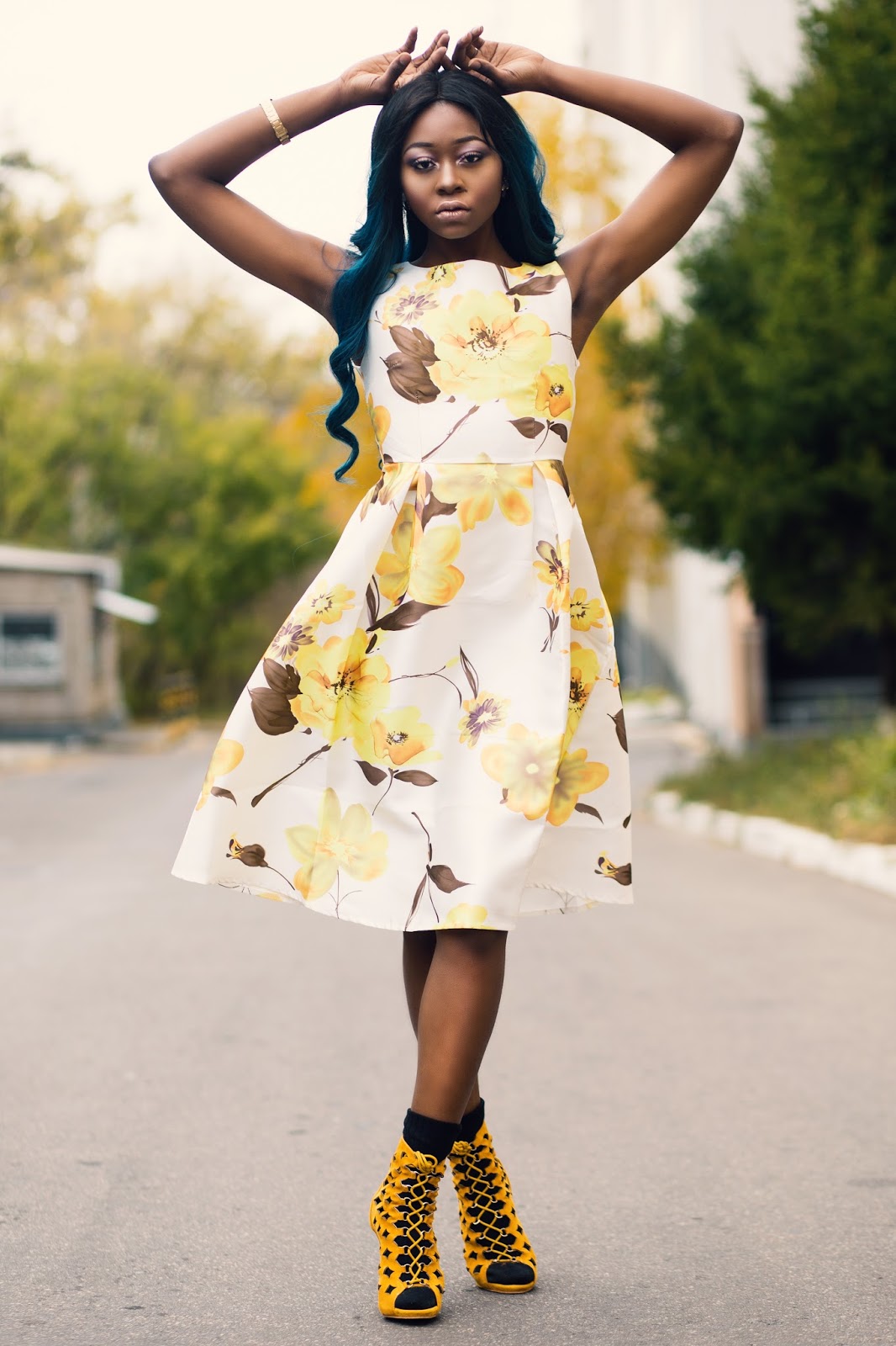 ZAFUL FIT AND FLARE YELLOW FLORAL SKATER DRESS