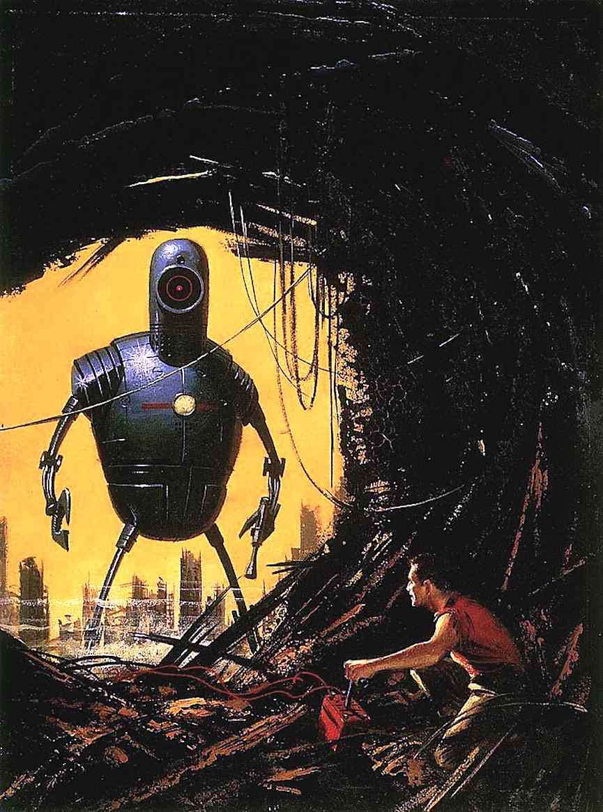 Ed Valigursky an Ed Valigursky book illustration of a giant robot hunting a man