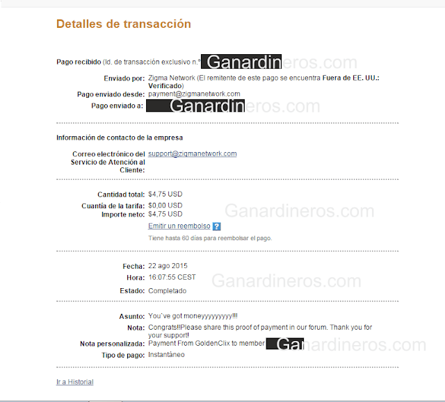Prueba de pago de Goldenclix zigma network paga