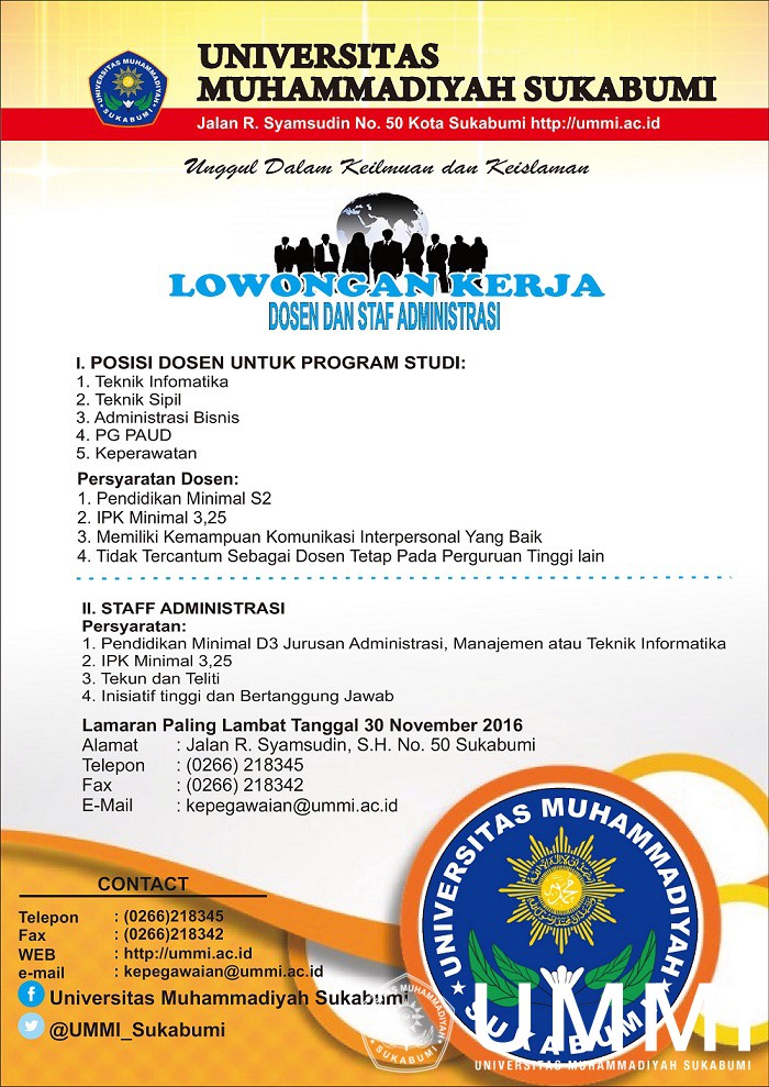 Lowongan Staf Administrasi dan Dosen Universitas Muhammadiyah Sukabumi  (UMMI) November 2016 - Lowongan Kerja