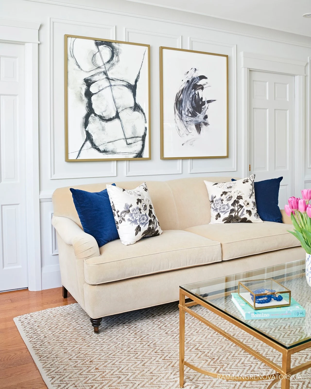modern traditional living room, modern art, velvet English roll arm sofa