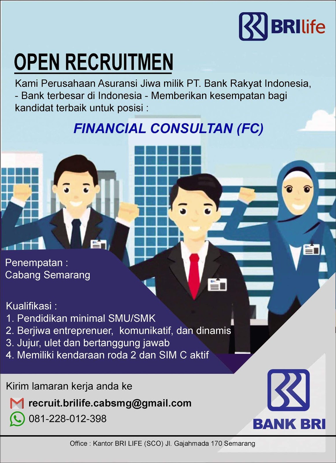 Lowongan Kerja Asuransi Bank BRI (BRILife) Financial Consultan Area