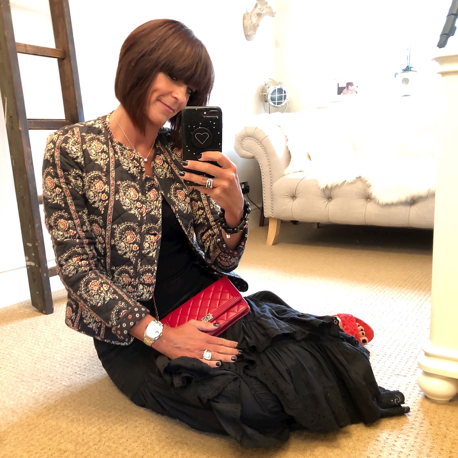 my midlife fashion, isabel marant etoile quilted jacket, isabel marant etoile tiered maxi skirt, zara ribbed knitted tank top, j crew woven suede wedge sandals, chanel boy wallet on chain