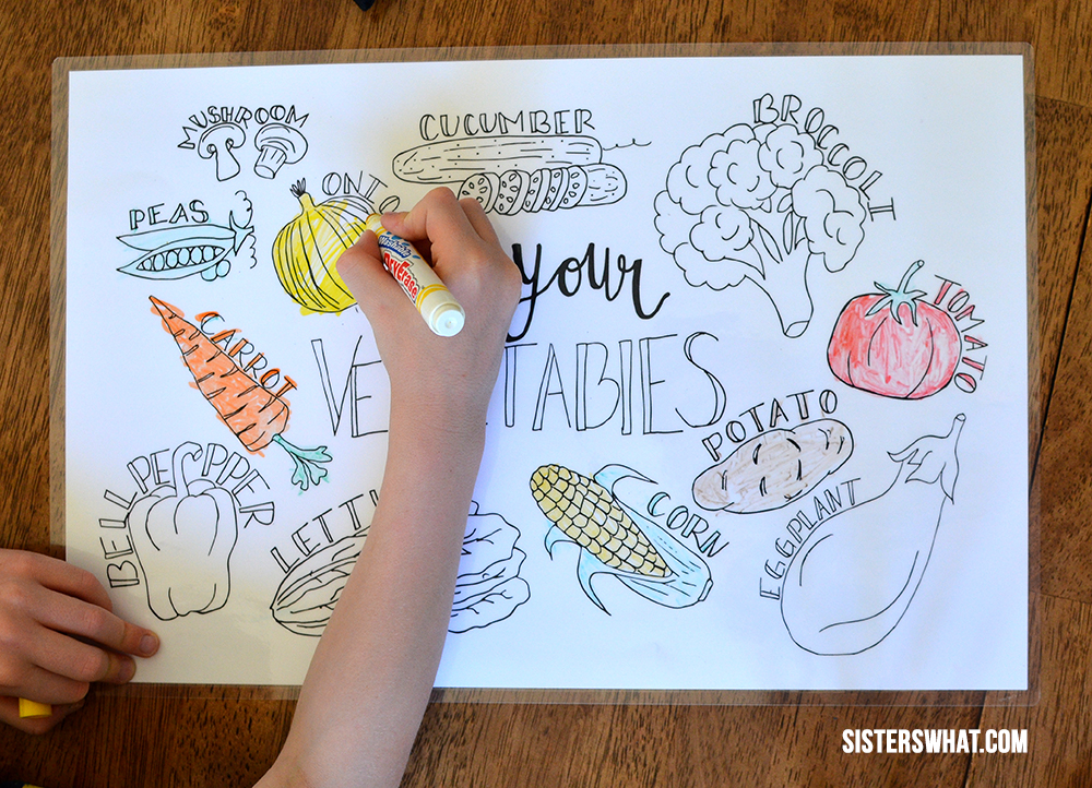 washable markers and laminated coloring page for kids during dinner