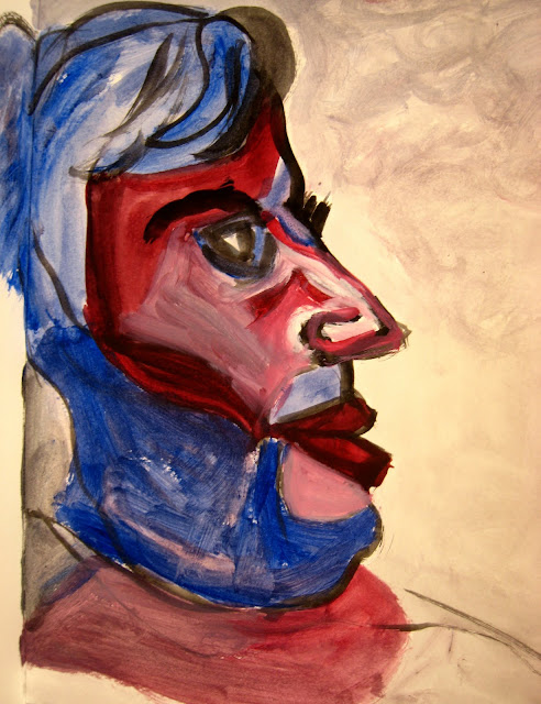 Pintura en acrílico que muestra la cara de un hombre de perfil con labios gruesos, en rojo y azul, por EmeBeZeta