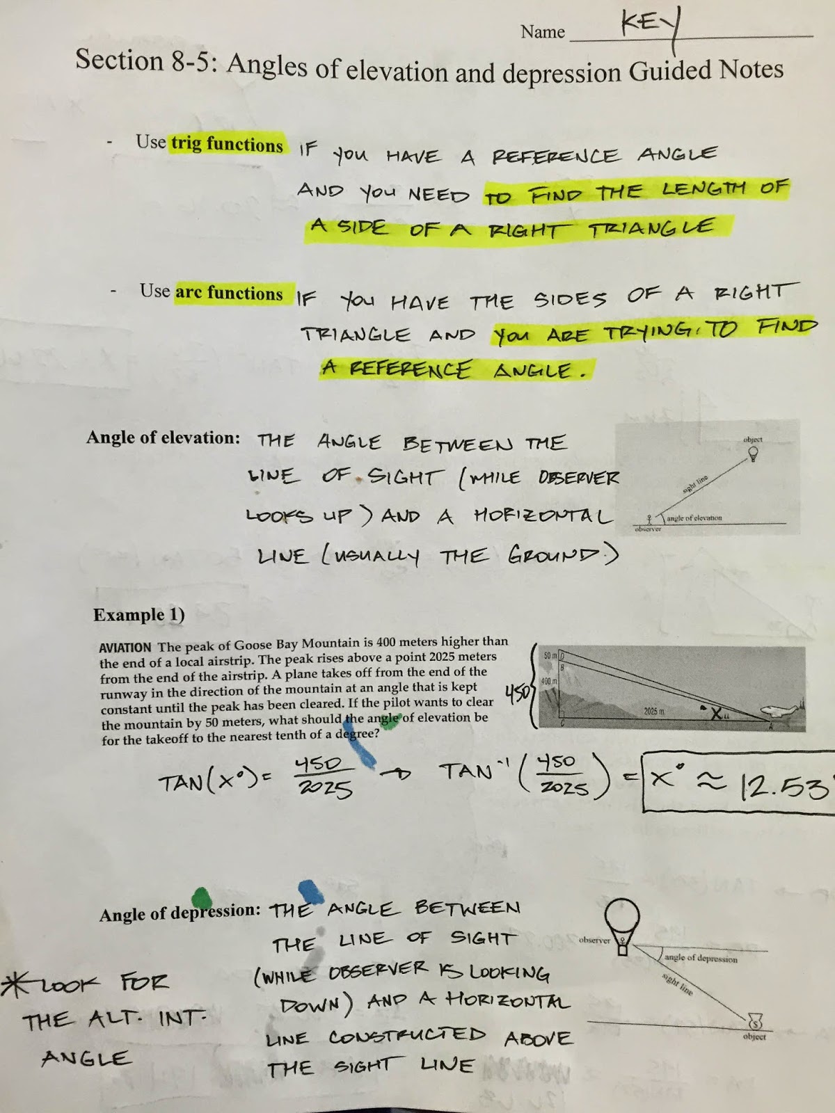 Angles of elevation and depression worksheet pdf picture