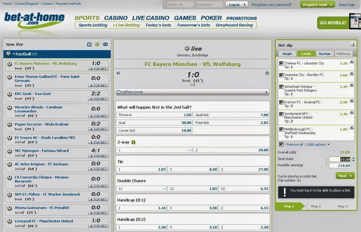 Bet-at-home Live Betting Screen
