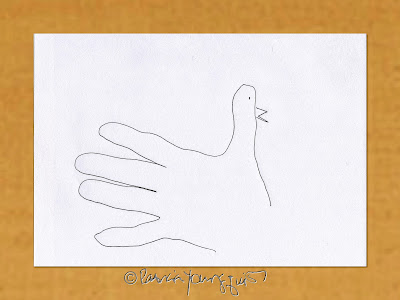 A picture of a hand used in a drawing of a bird.