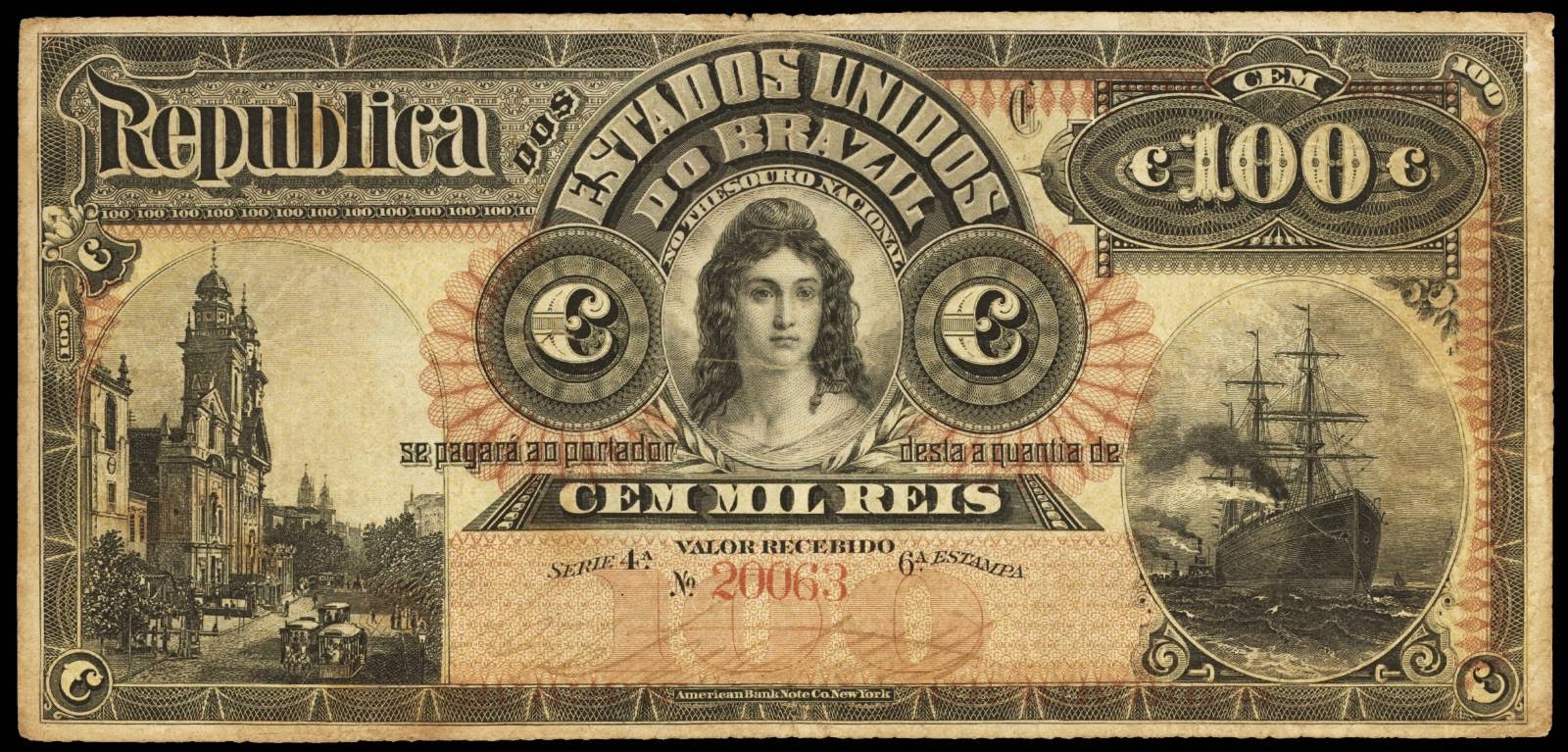 Brazil currency 100 Mil Reis banknote 1892