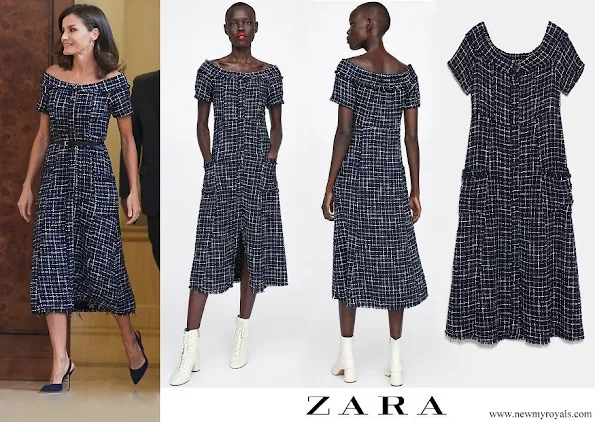 Queen Letizia wore Zara tweed dress with gem buttons  (19.99 EUR)