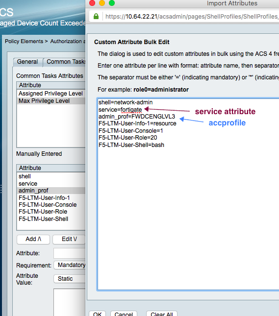 Security Blog: Controlling fortigate cisco ACS 5.8 tacacs+ access profiles