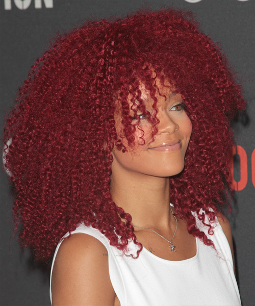 Rihanna Medium Curly Alternative Hairstyle Red Hair Color