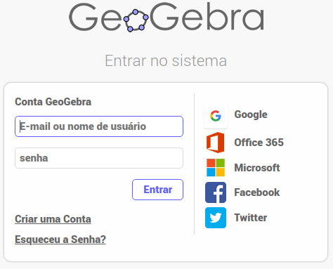 Página de login do GeoGebra Página de login do GeoGebra
