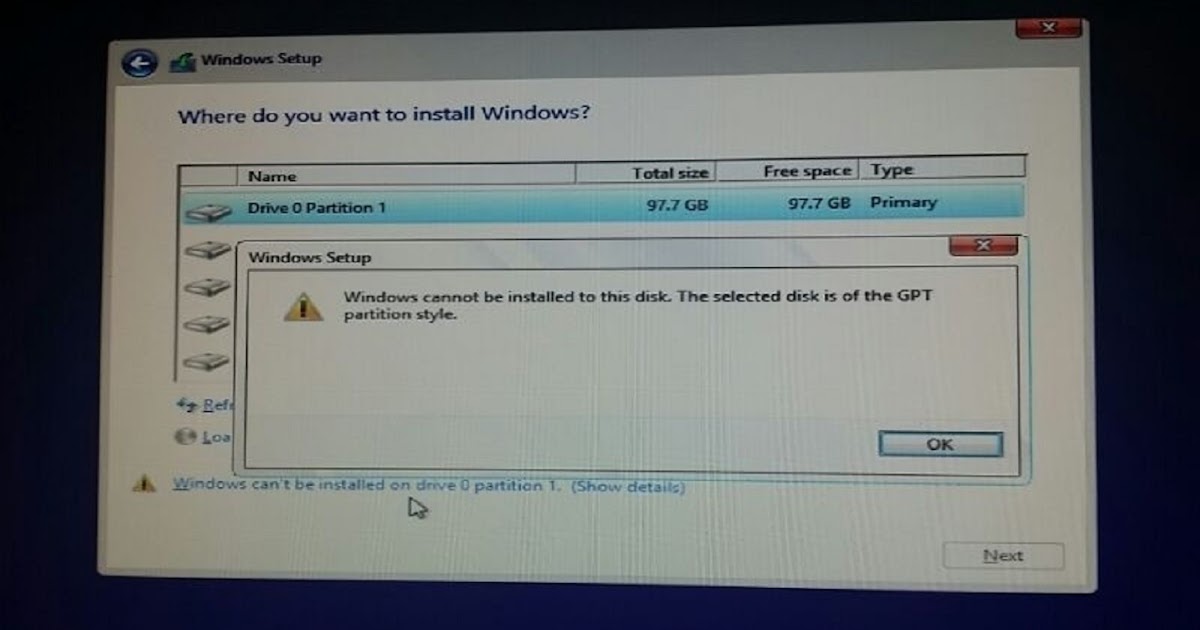 test Lỗi Windows cannot be installed to this disk. The selected disk