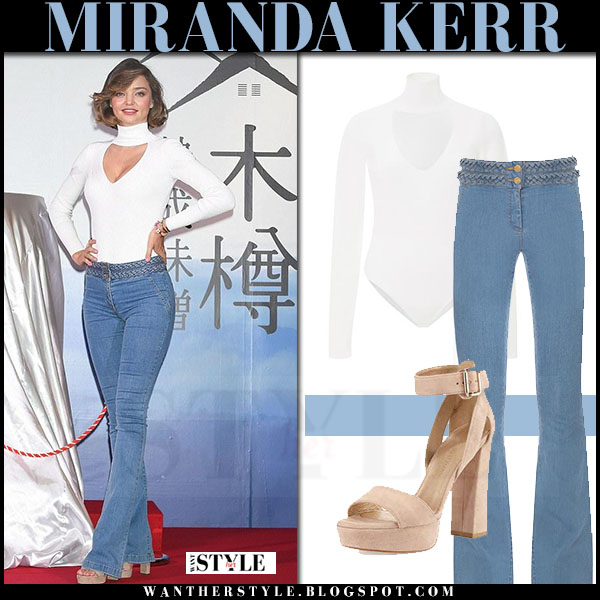 Miranda Kerr in white bodysuit and flared jeans in Tokyo at Marukome event I want her style