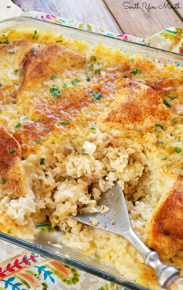 Chicken & Rice Casserole! An easy casserole recipe for creamy rice and fork-tender chicken that cooks in one dish. No need to precook the rice or brown the chicken first – just mix and bake!