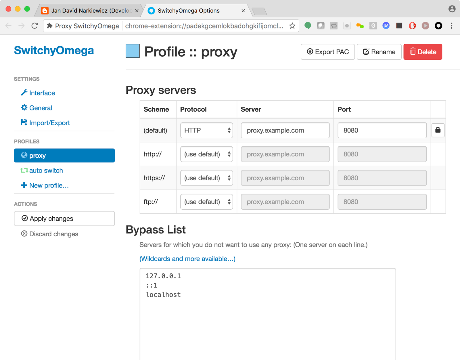 Switchyomega. Proxy example. Proxy.example.com. Имя Хоста прокси сервера. Порт прокси сервера tinyproxy.