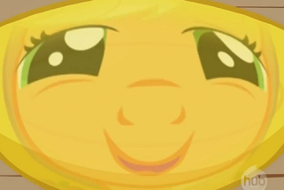 Applejack's goofy expression distortedly reflected in a trophy