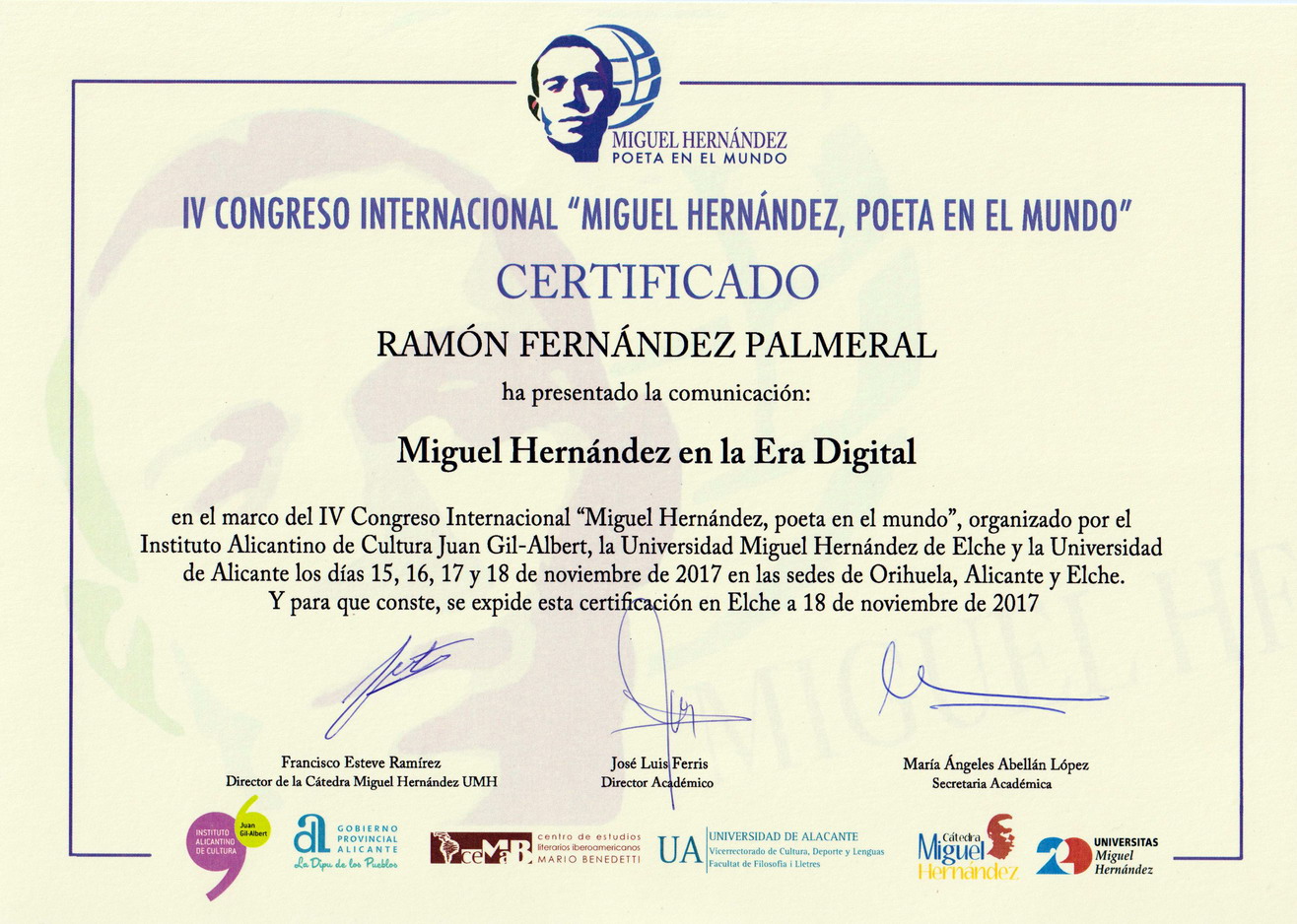 Certificado comunició IV Congreso Internacional Miguel Hernández