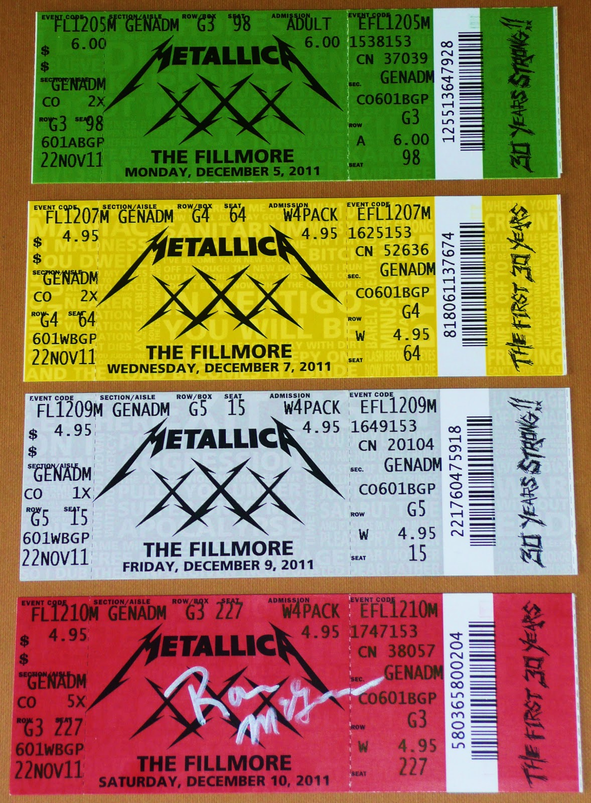 Metallica Tickets Collection: Four nights at the Fillmore