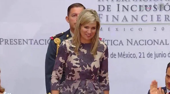 Queen Maxima attended the conference at National Palace in Mexico City. President Enrique Pena Nieto. Wore Natan Dress
