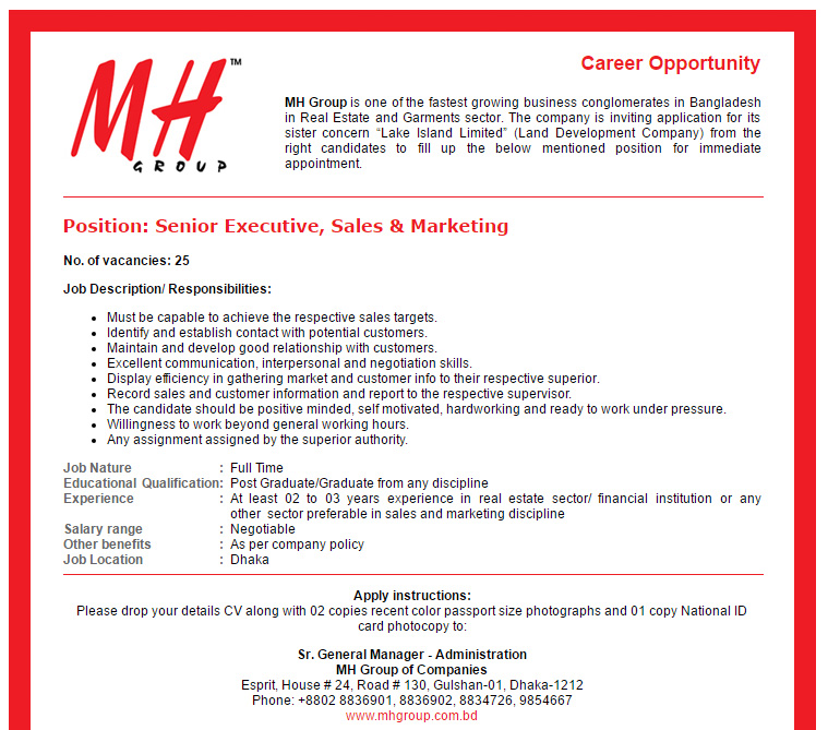 mh group of companies senior executive sales marketing job