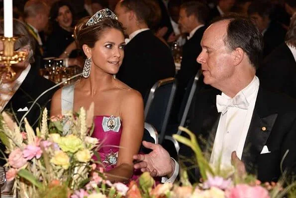 Queen Silvia in Elie Saab. Crown Princess Victoria in Camilla Thulin. wearing Angel Sanchez in pink. Princess Sofia diamond tiara