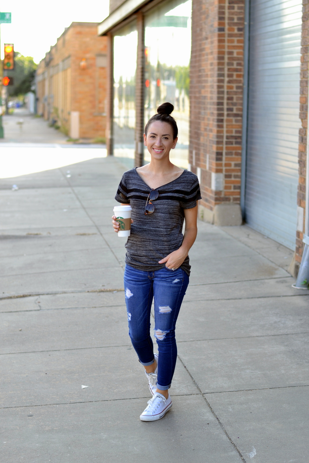 Black Tee, Distressed Jeans, Top Knot, Converse, H&M, American Eagle 