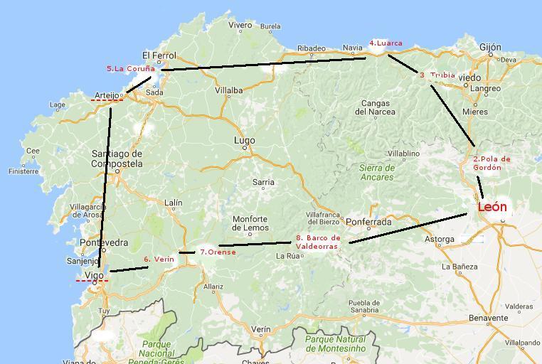 Mapa en el que seala el itinerario del viaje que realiz Rosario de Acua en el verano de 1887