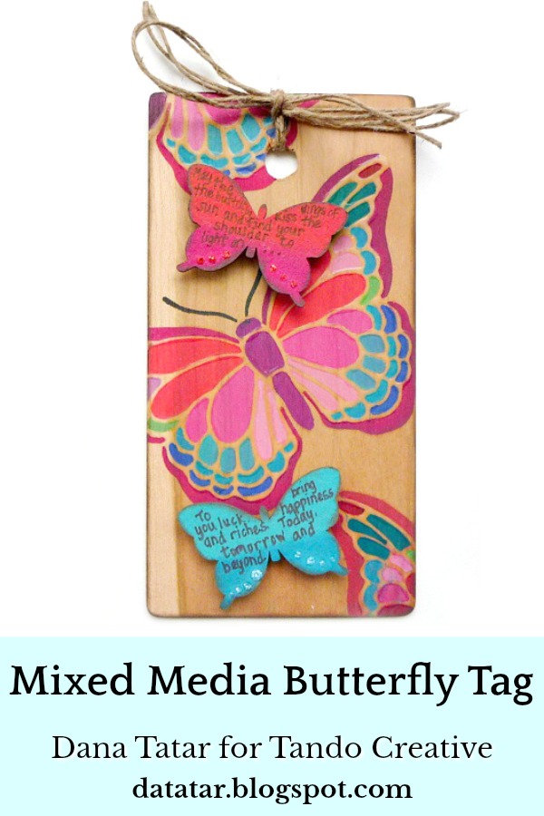 Colorful Cherry Wood Tag with Stenciled and Chipboard Butterflies