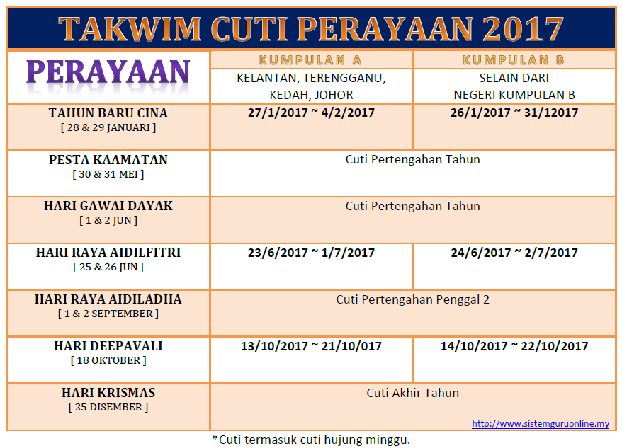 Takwim Cuti Perayaan 2017 & Kalender Cuti Sekolah 2017