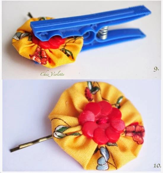 Tuto Barrette yoyo en tissu - DIY Yoyo Flower hair pin - chez violette
