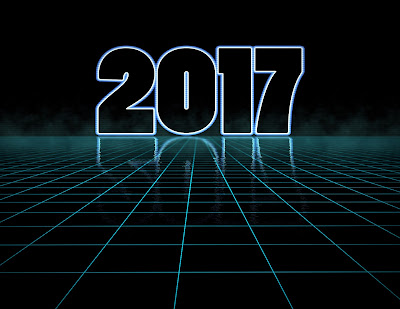 2017: Into the Future Glowing 2017 logo on a digital grid that stretches into the horizon line.