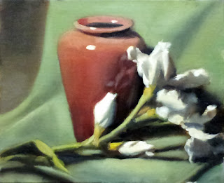 Oil painting of a bunch of plastic white lilies in front brown-red vase, with a green drapery as background.