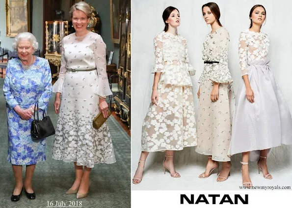 Queen Mathilde wore an embroidered tulle midi dress by Natan