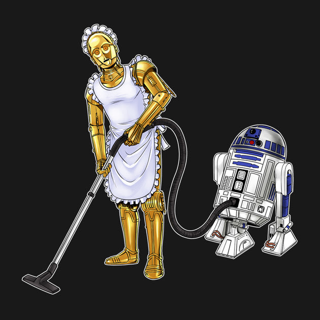 Today's T: 今日の家政婦のC-3PO と R2-D2の掃除機 Tシャツ