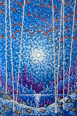 Winter Cardinaland painting by artist aaron kloss Winter Cardinaland painting by artist aaron kloss, acrylic winter landscape painting, painting of cardinals birches winter, duluth artist, duluth painter