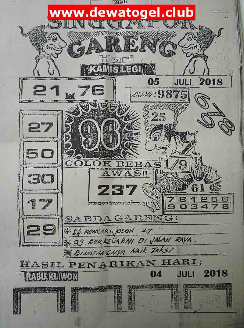 Prediksi Togel Singapura Kamis 5 Juli 2018 Syair Kode Dewa Togel