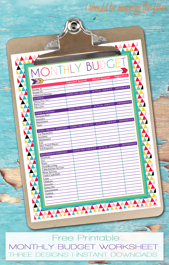 Free Printable Monthly Budget Worksheet | A series of over 30 free organizational printables from ishouldbemoppingthefloor.com | Three Designs & Instant Downloads