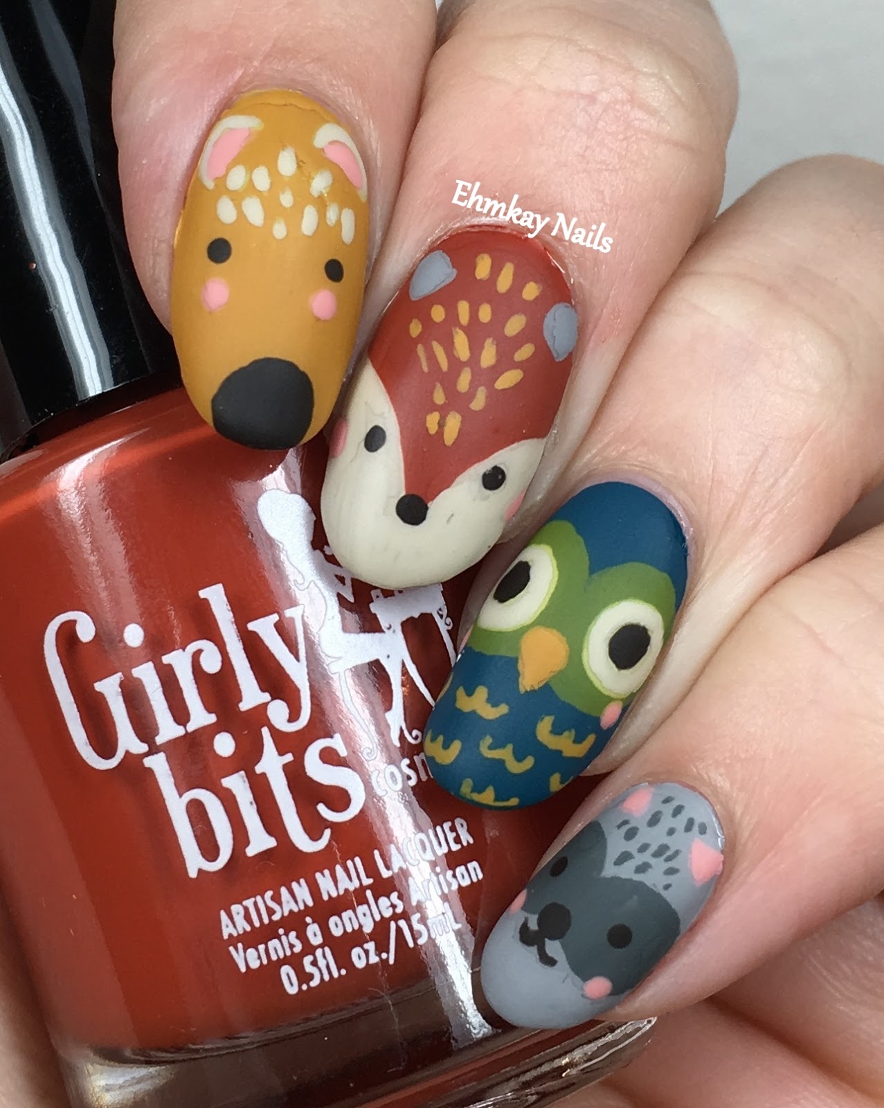 ehmkay nails Woodland Creatures Nail Art with Girly Bits Autumn Cremes