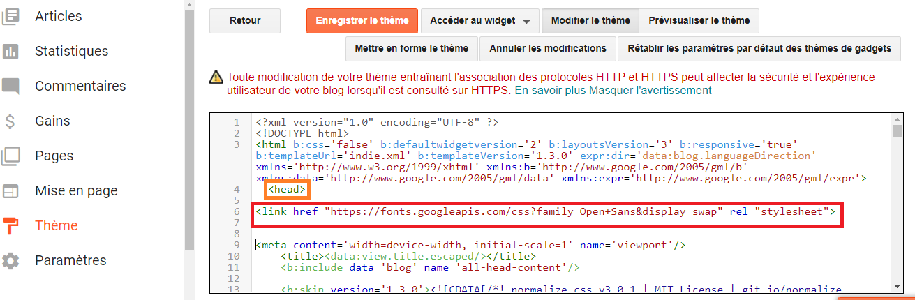Ajouter le code d'intégration Google Font à Blogger