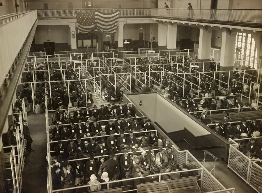 The pens at Ellis Island, Main Hall. These people have passed the first mental inspection. (1902-1913).