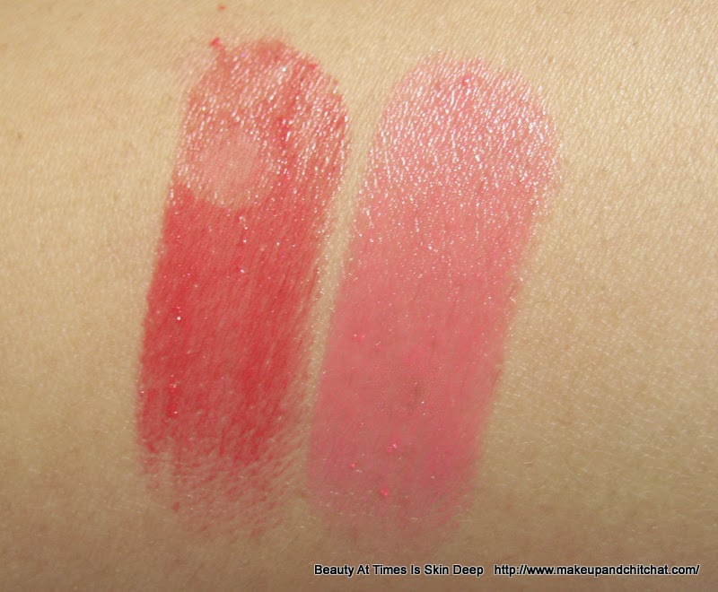 Swatches of Lakme Absolute Gloss Addict Lipsticks in Desert Rose and Red Delight