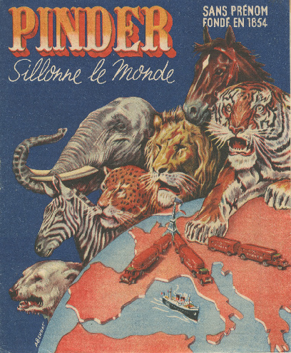 Programme du cirque Pinder, Pinder "Pinder silene le monde" couverture illustrée des animaux de la menagerie que se produisent dans le spectacle