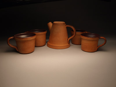 Clay flowerpot teapot and mugs by Lori Buff