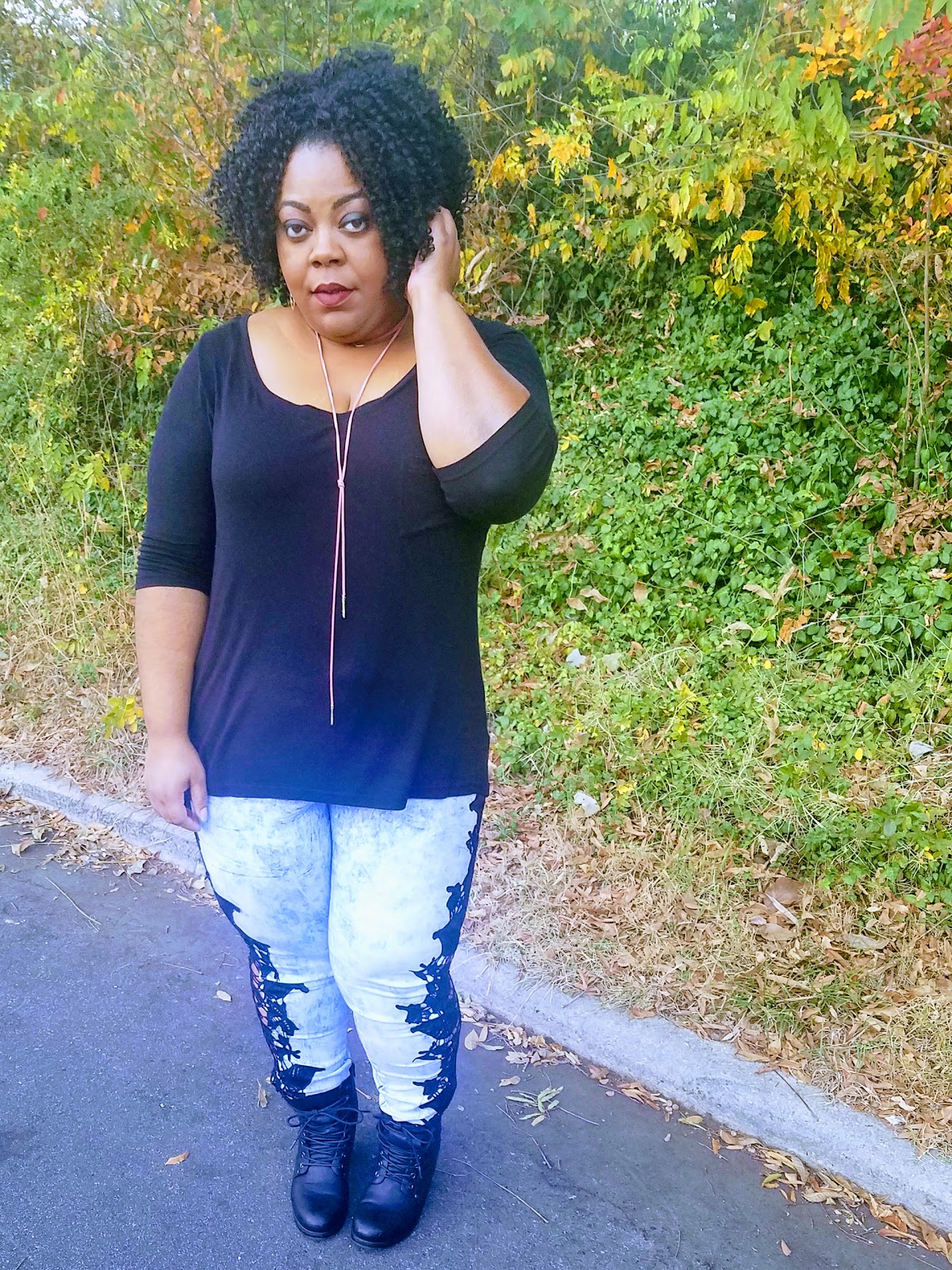 Thick thighs, big hips, big hair, stacked booties, crochet lace jeans, faux suede necklace
